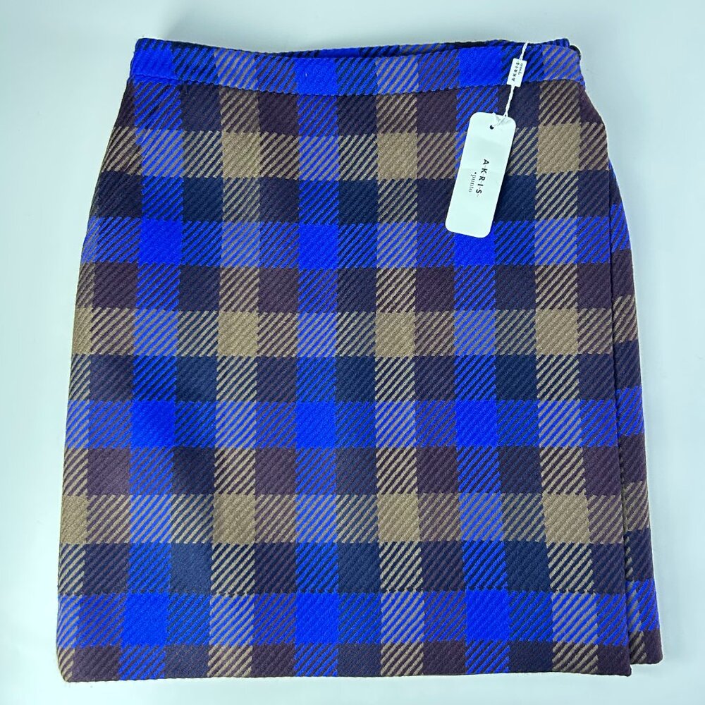 NWT AKRIS Punto Multicolor Plaid Wool Lined Wrap A-Line Skirt Women's Size 14
